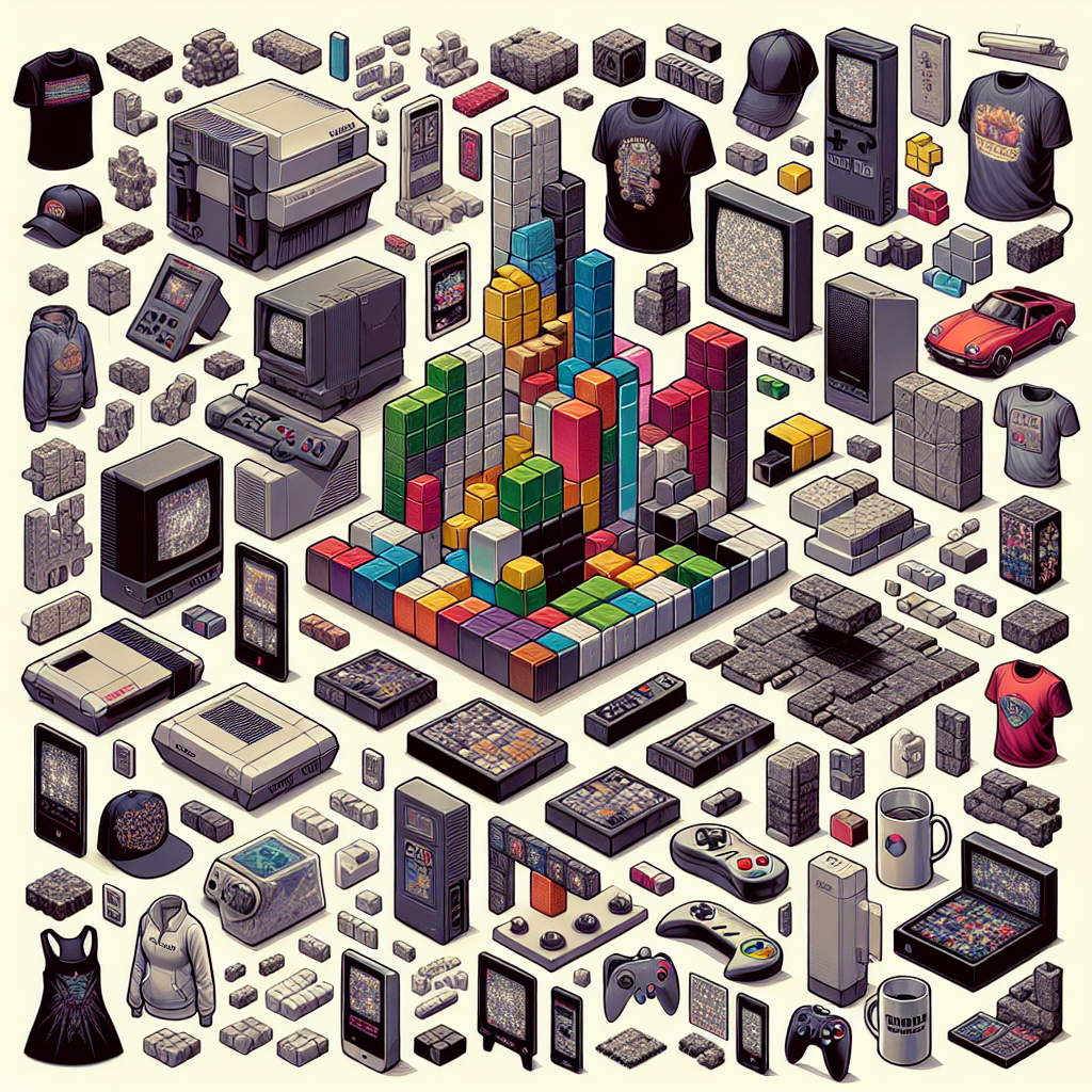 A collage of Tetris adaptations and merchandise